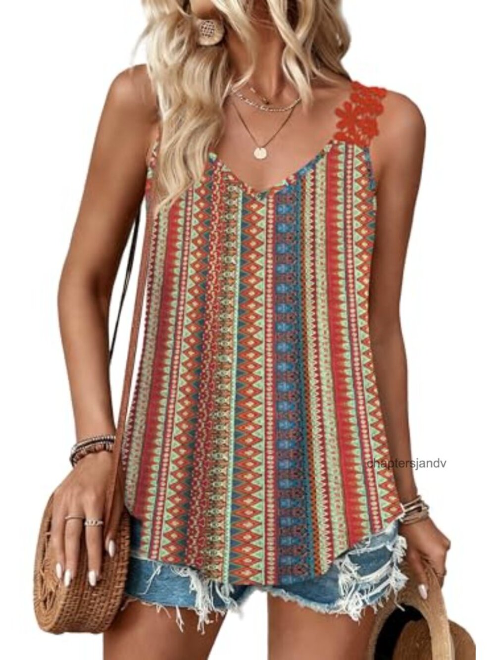 Women's Sleeveless V-Neck Lace Flowy Tank Top